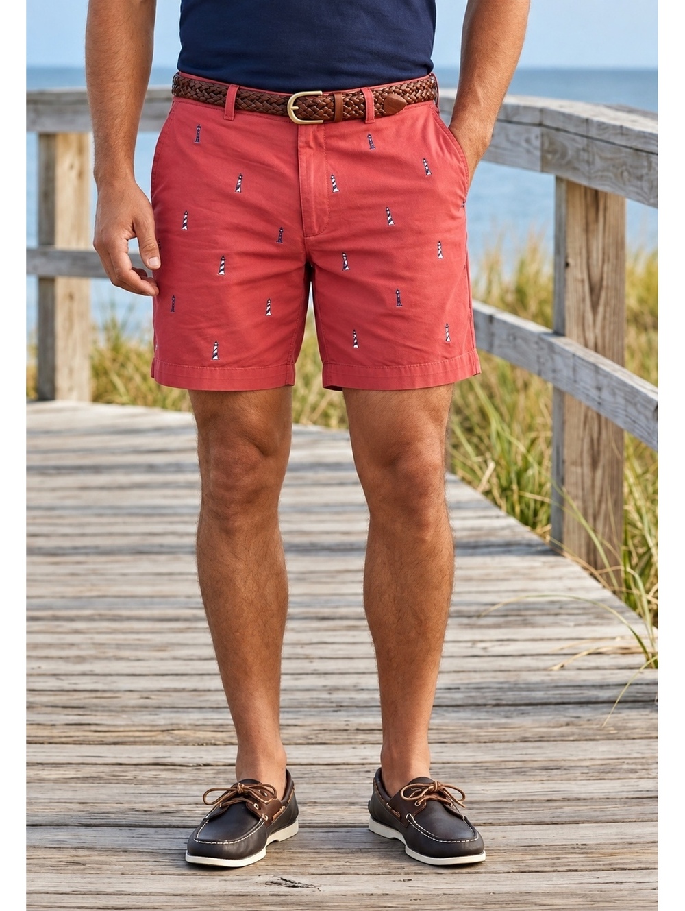 Brooks Brothers 346 Mens W33 Red Lighthouse Embroidered Chino Shorts Preppy